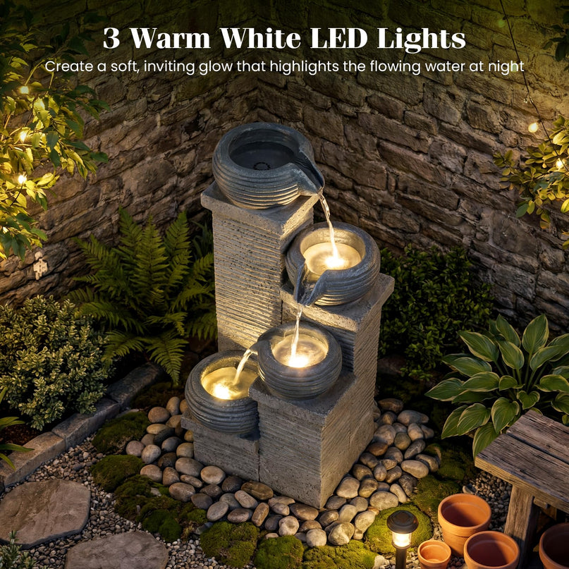 Giantex 23 Inch Cascading Bowls Waterfall Fountain with Warm LED Lights & Pump (4-Tier)