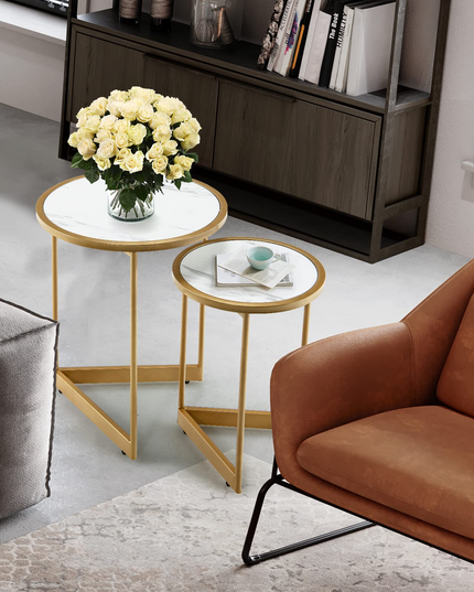 Giantex Round Nesting Table Set of 2, Modern Marble Texture Coffee Tables