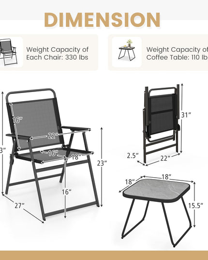 Giantex 3-Piece Patio Bistro Set, Outdoor Folding Chairs & Table Set, Outdoor Conversation Set for Balcony Yard Poolside