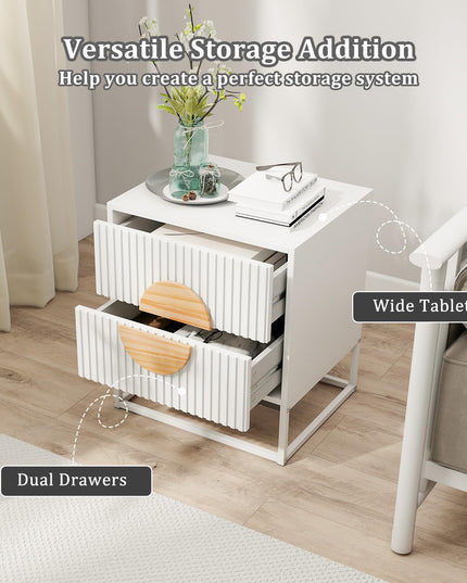 Giantex Fluted Nightstand with 2 Drawers Natural Circle Handle & Metal Frame