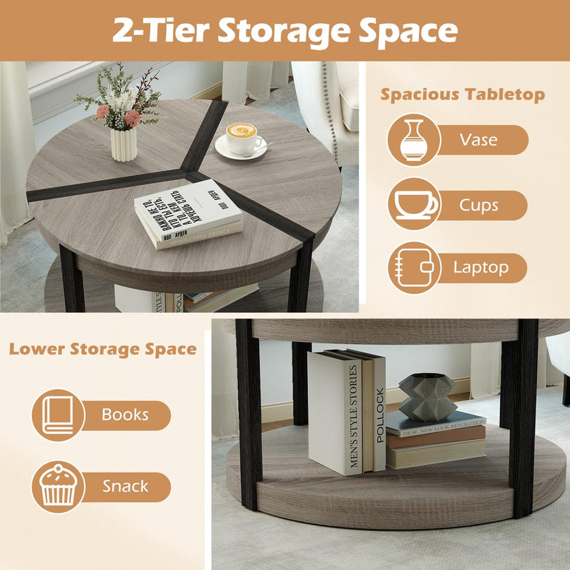 Giantex Round Coffee Table with Open Storage Shelf & Rubber Wood Frame