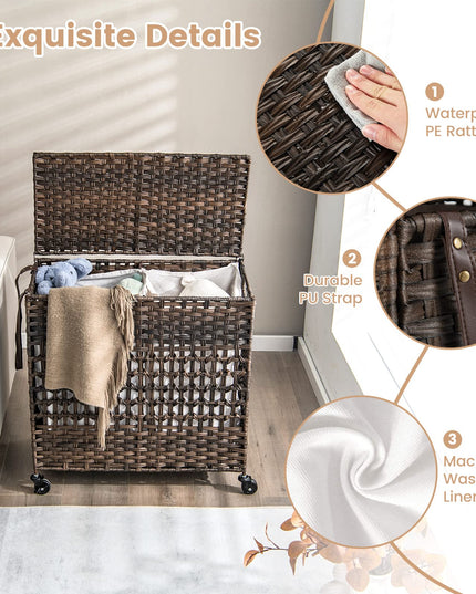 Panier à Linge Giantex avec Roues et Couvercle, Panier à Linge en Osier de 125L (33 Gal), 2 Sacs Intérieurs Amovibles