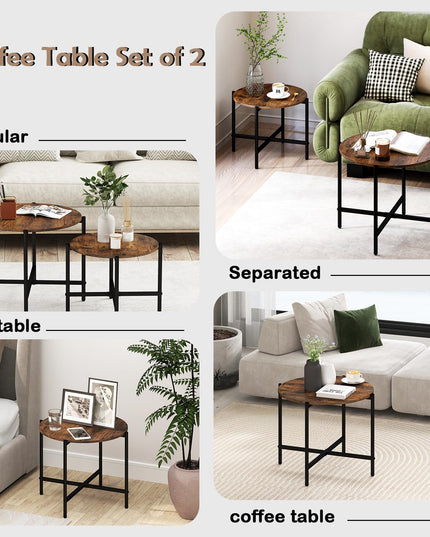 Giantex Round Coffee Table Set of 2, Nesting Tables with Metal Frame, Imitated Wood Grain Top