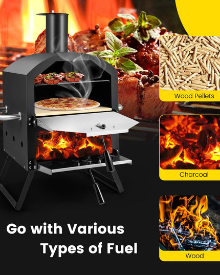 Giantex Outdoor Pizza Oven Wood Fired, 2-Layer Pizza Maker with Pizza Stone, Pizza Peel (Black)