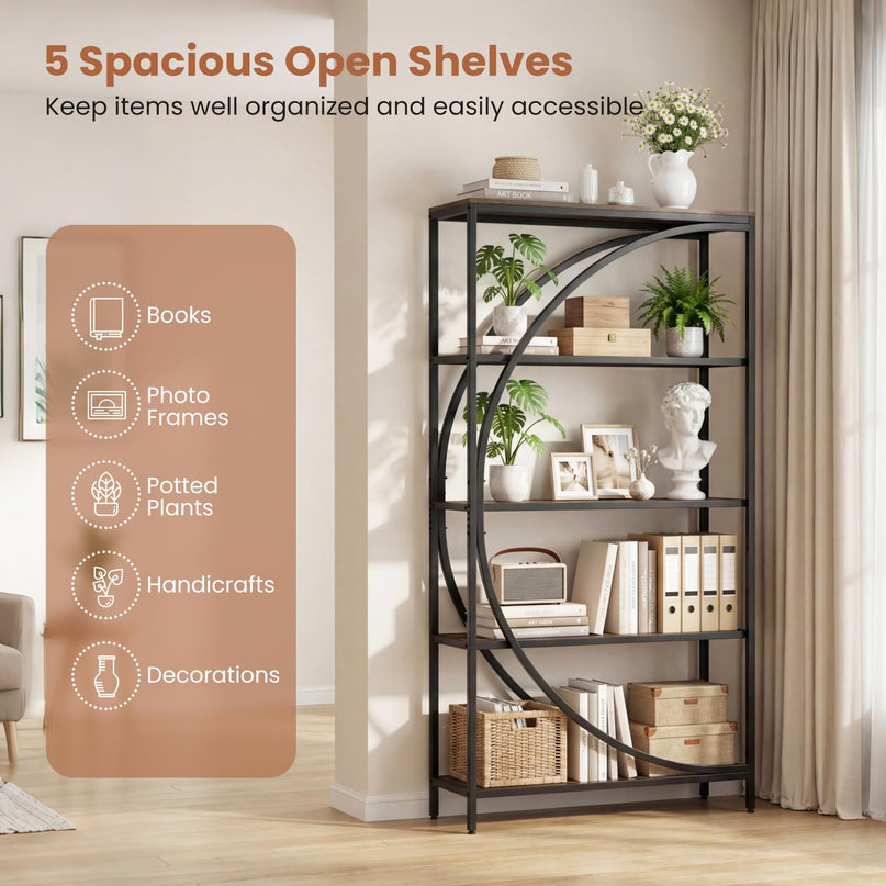 Giantex 5-Tier Bookshelf | 65" Tall Industrial Etagere Bookcase with Half-Moon Shape