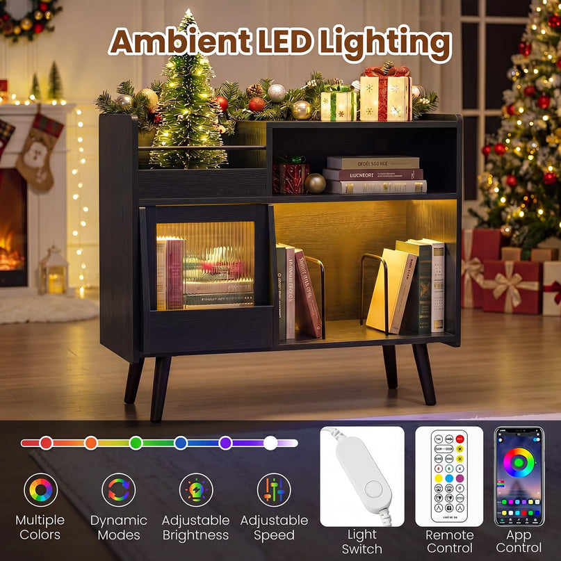 Giantex Large Record Player Stand with LED Light(34" x 14.5" x 29")