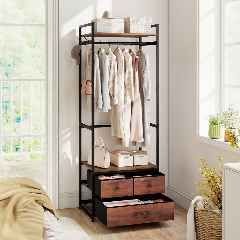Giantex Clothes Rack with Drawers | Heavy Duty Clothing Garment Rack with Side Hooks and Metal Frame