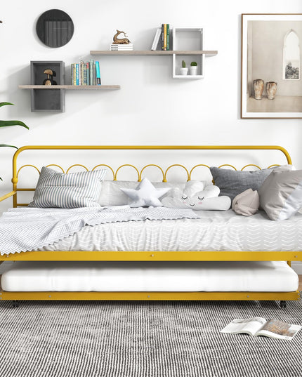 Giantex Twin Daybed with Trundle Gold, Metal Day Bed with Convenient Pull-Out Trundle Bed