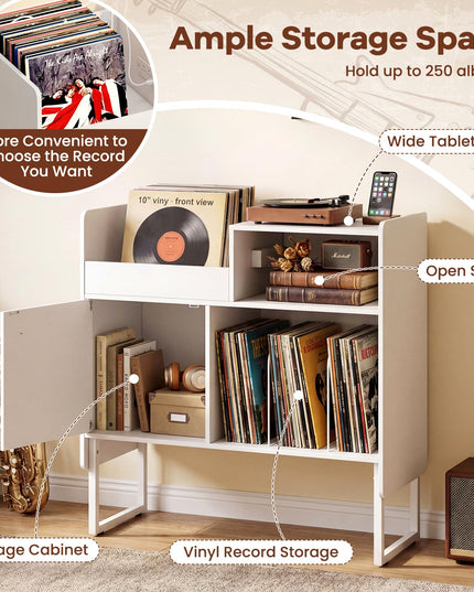 Giantex Record Player Stand with Open Shelf & Cabinet Hold Up to 250 Albums