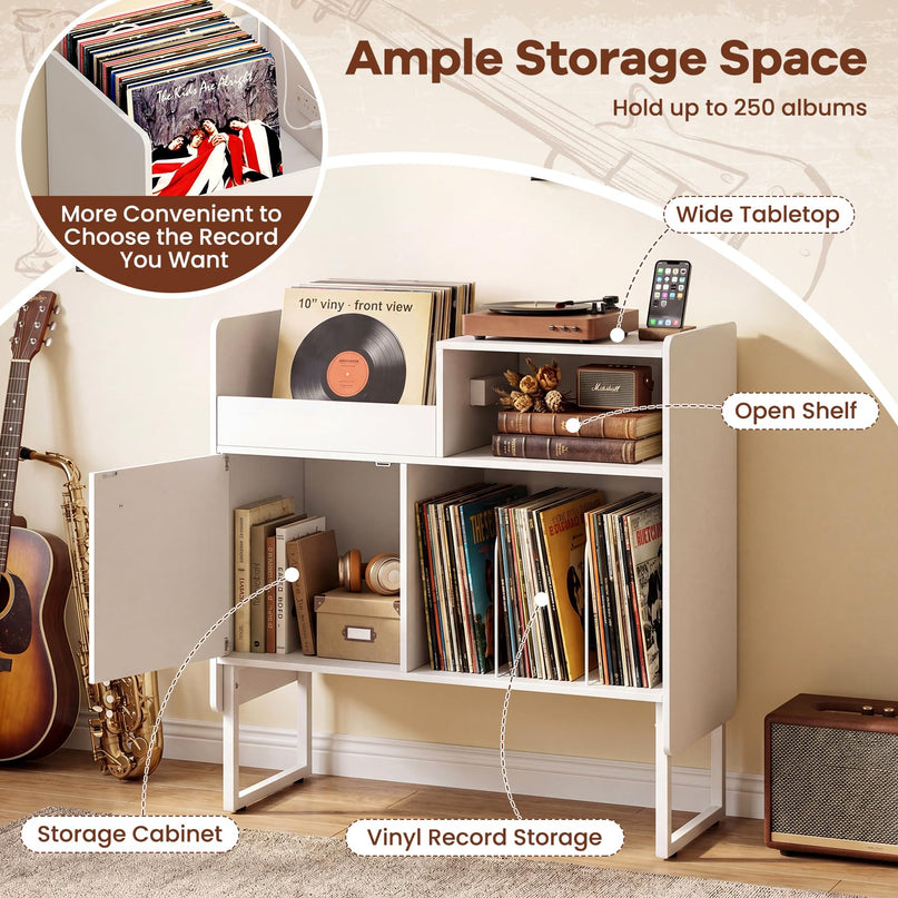 Giantex Record Player Stand with Open Shelf & Cabinet Hold Up to 250 Albums