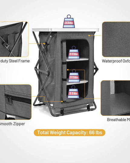 Folding Camping Storage Cabinet with 3 Shelves and Carry Bag