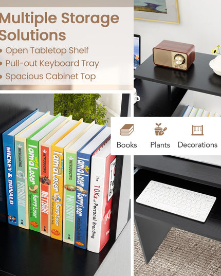 Giantex Computer Desk with Keyboard Tray, Compact Home Office Desk with Fabric Drawer & Storage Shelf