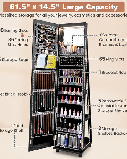 CHARMAID Jewelry Cabinet Armoire with Wheels, 64" Full Length Mirror with Jewelry Storage