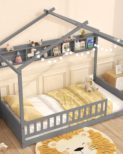 Giantex Twin Floor House Bed with Storage Shelf, Wood Twin Bed Frames with Headboard & Guardrail