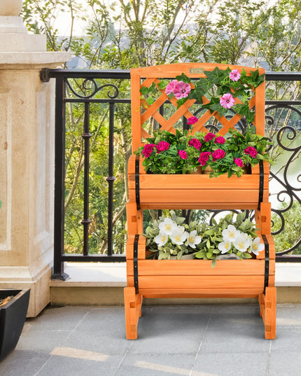 Giantex Raised Garden Bed with 2 Barrel Planters & Trellis, 2-Tier Freestanding Wooden Raised Bed for Vegetable Flower Fruit