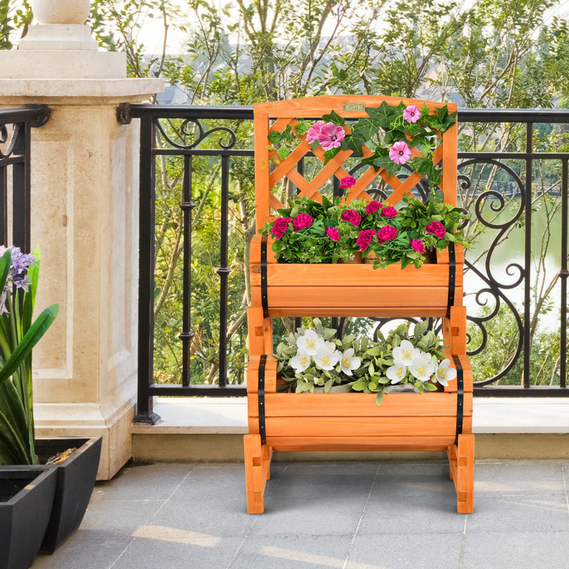 Giantex Raised Garden Bed with 2 Barrel Planters & Trellis, 2-Tier Freestanding Wooden Raised Bed for Vegetable Flower Fruit