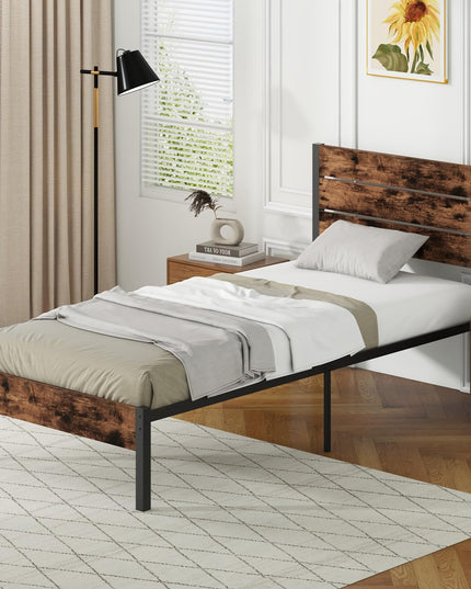 Giantex Metal Platform Bed Frame, Industrial Bed Frames with Wood Headboard