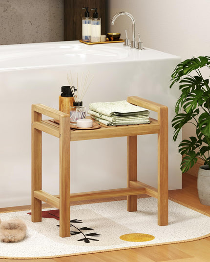 Giantex Teak Wood Shower Bench - 20" Waterproof Shower Stool with Handles and Slatted Seat for Inside Shower