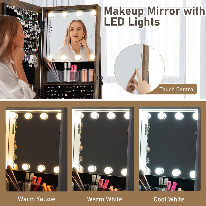 Swivel Jewelry Armoire with Full Length Mirror & Lighted Makeup Mirror