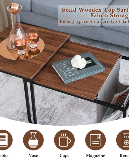 Nesting Coffee Table Set of 2, Stackable Side Table w/Side Pocket