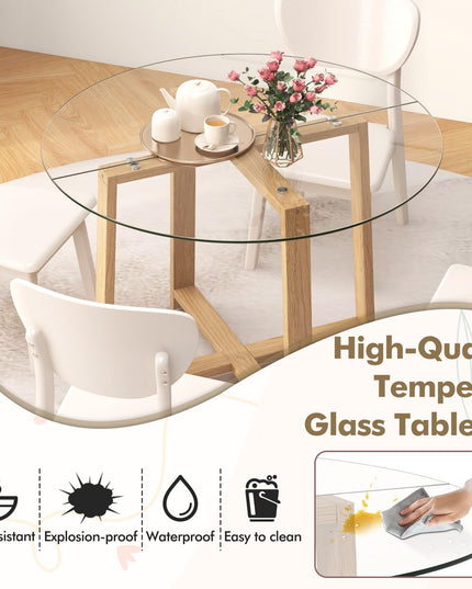 Giantex 42” Round Dining Table for 4, Kitchen Table with 0.3” Tempered Glass Tabletop, Rubber Wood Legs