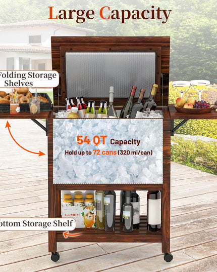 Giantex 54QT Wooden Patio Cooler Cart with Wheels Insulated Rolling Ice Chest with Drain