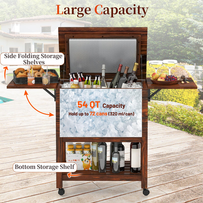 Giantex 54QT Wooden Patio Cooler Cart with Wheels Insulated Rolling Ice Chest with Drain