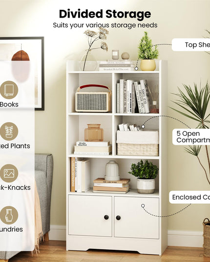Giantex 4-Tier Bookcase with Doors, Small Bookshelf with 5 Cubbies and 2 Cabinets, White Freestanding Bookshelf
