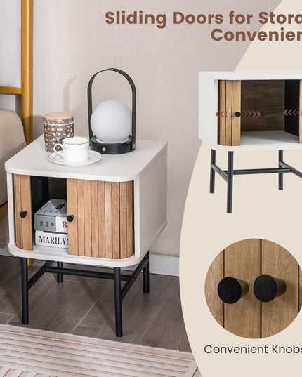 Giantex Mid-Century Modern Nightstand, Wood Bedside Table with Sliding Doors and 4 Metal Legs
