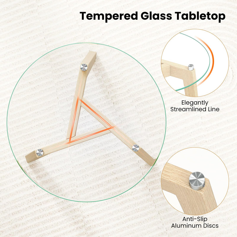 Giantex Modern Round Bedside Nightstand with Clear Tempered Glass Top & Rubber Wood Legs