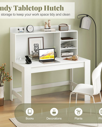 Giantex Computer Desk with Hutch, Modern Home Office Desk with Power Outlets, Storage Shelves & Cable Hole