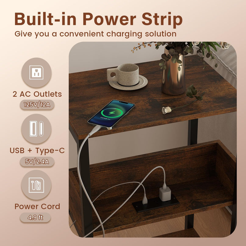 Giantex Side Table with Charging Station - Industrial 3-Tier Bedside Table w/Open Storage Shelves