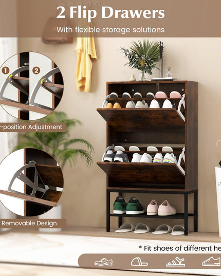 Giantex Shoe Storage Cabinet - Hidden Shoe Organizer with 2 Flip Drawers, Adjustable & Removable Interior Shelves