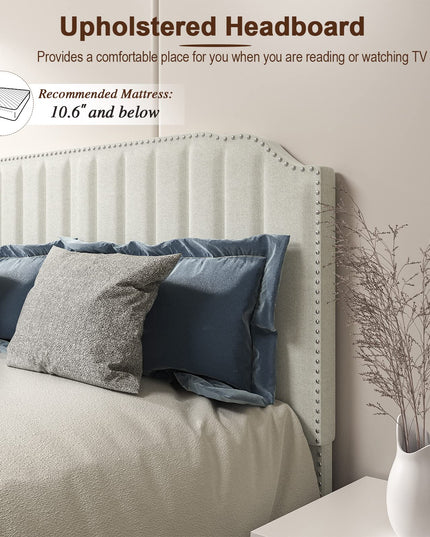 Giantex Upholstered Bed Frame, Linen Platform Bed w/Rivet Headboard, Heavy Duty Mattress Foundation