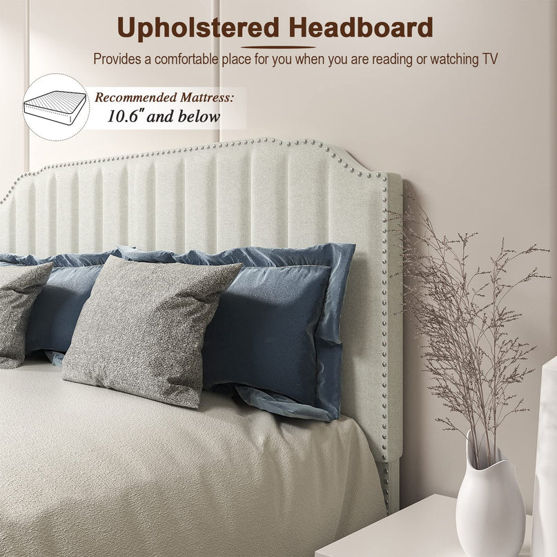Giantex Upholstered Bed Frame, Linen Platform Bed w/Rivet Headboard, Heavy Duty Mattress Foundation