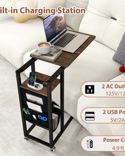 Giantex C Shaped End Table with Charging Station and Wheels