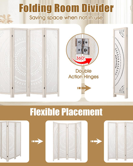 Giantex Room Divider 4 Panels - 66'' Boho Room Dividers with Carved Pattern & Solid Wood Frame