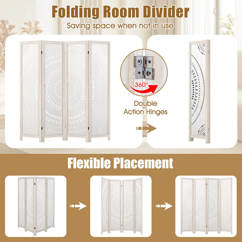 Giantex Room Divider 4 Panels - 66'' Boho Room Dividers with Carved Pattern & Solid Wood Frame