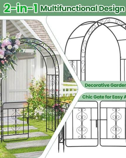 Giantex Garden Arbor with Gate, 84" H x 54" W Metal Arch Trellis for Climbing Plants Rose Vines