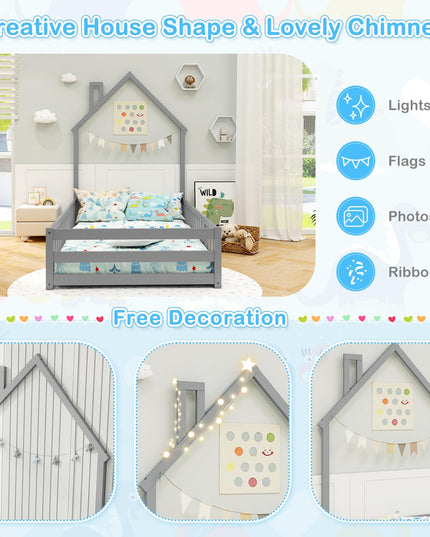 Giantex Twin Floor Bed, House-Shaped Montessori Bed Frame with Headboard, Full-Length Guardrail