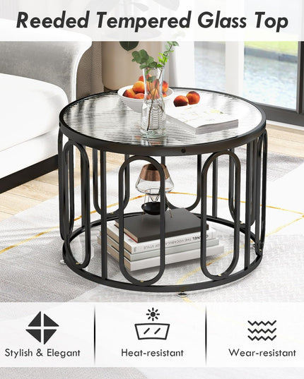 Giantex Small Round Glass Coffee Table, 24" Accent Side Sofa Tea Table with Tempered Glass Top & Oval Swivel Brackets