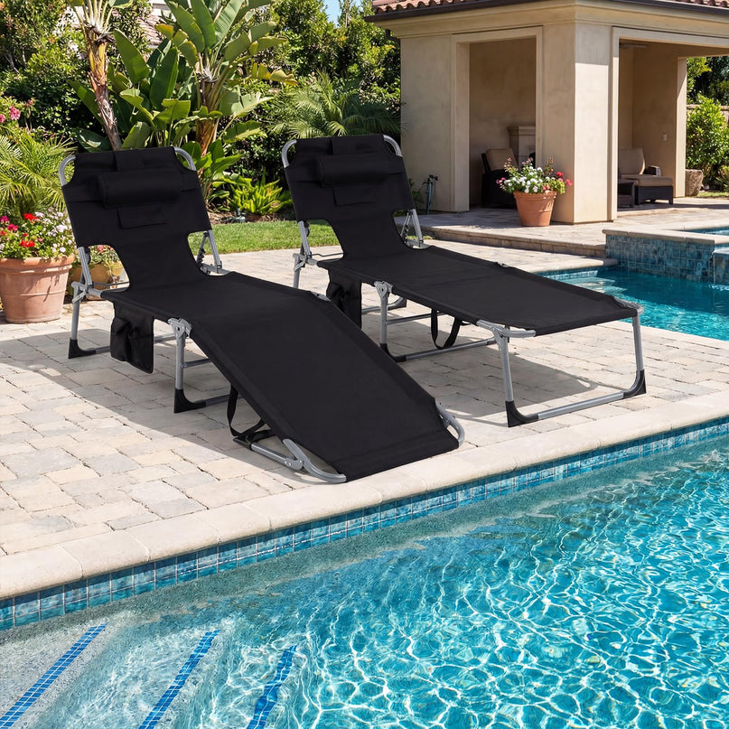 (下架）Giantex Tanning Chair Folding Beach Chair w/Face Arm Hole, Washable Pillow, Pocket