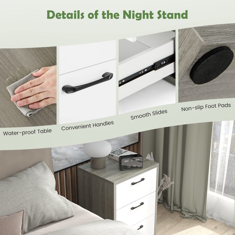 Giantex Storage Drawer Dresser - Wood End Table, Night Stand with 3 Drawers (1, White & Gray)