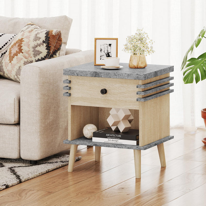 Giantex 3-Tier Modern Nightstand with Faux Marble Surface & Color Blocking Pattern