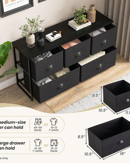 Giantex Black Dresser for Bedroom with 5 Drawers - Wide Clothes Storage Organizer w/ 5 Fabric Bins