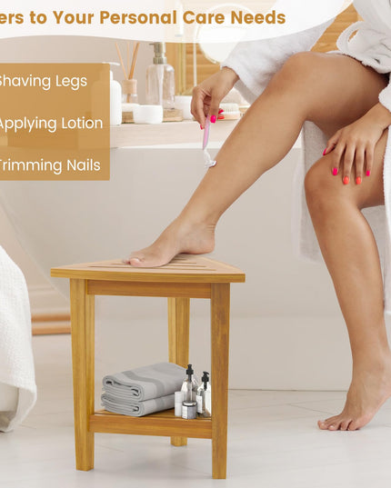 Giantex Corner Shower Bench - Teak Wood Shower Stool with Storage Shelf
