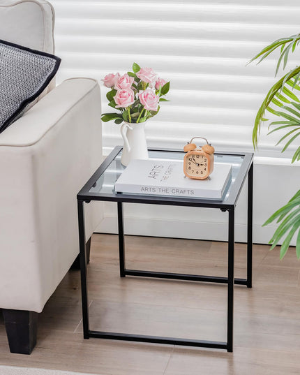Giantex Outdoor 17” Square Table - Patio Tempered Glass End Table Side Table with Metal Frame