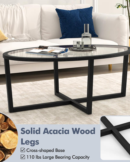 Giantex Glass Coffee Table, 46.5" Oval Accent Sofa Tea Table with Tempered Glass Top, Cross Base & Acacia Wood Legs