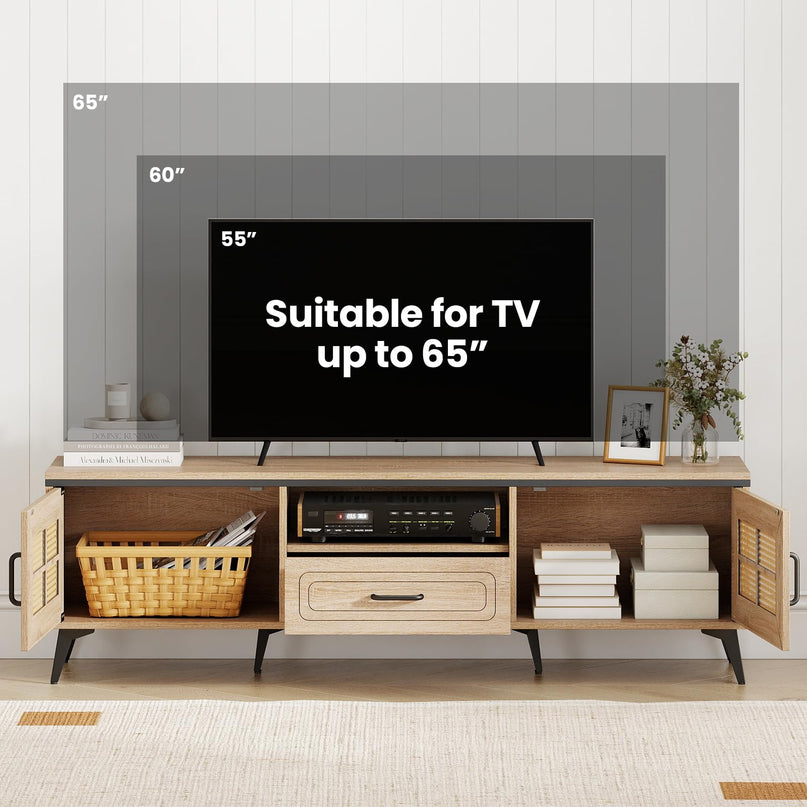 Meuble TV Giantex pour téléviseurs 60/65 pouces | Meuble de divertissement bohème avec placards de rangement