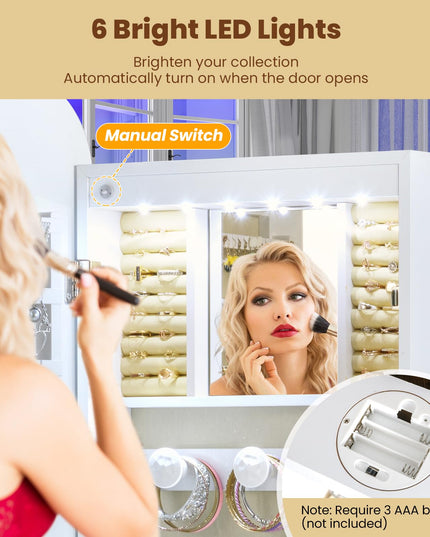 LED Jewelry Cabinet with Lockable Rounded 16.5'' Wide Full Length Mirror